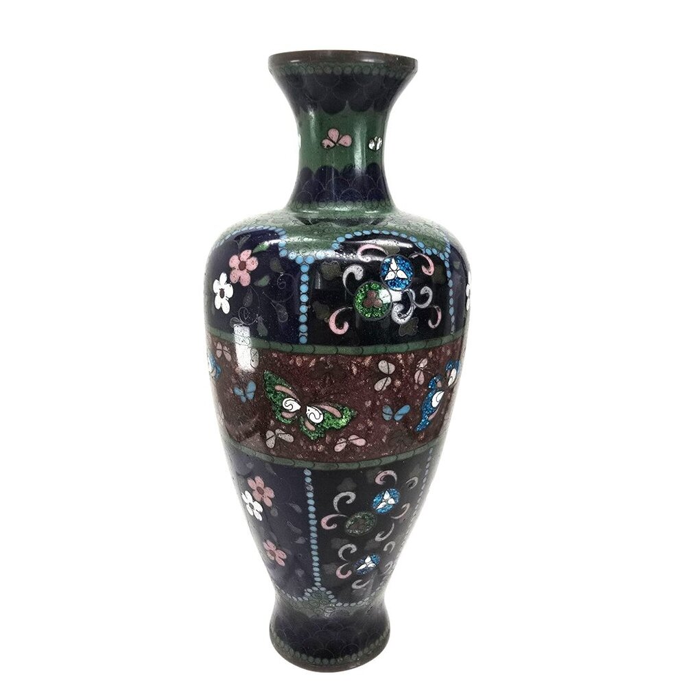 Cloisonné Vase Butterfly & Floral Motif on Copper 8" Vintage JE378